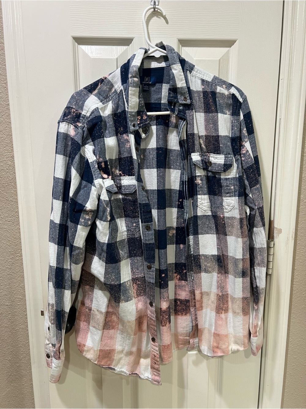 Plaid Button-Up Shirt in Navy & White with Pink Accent